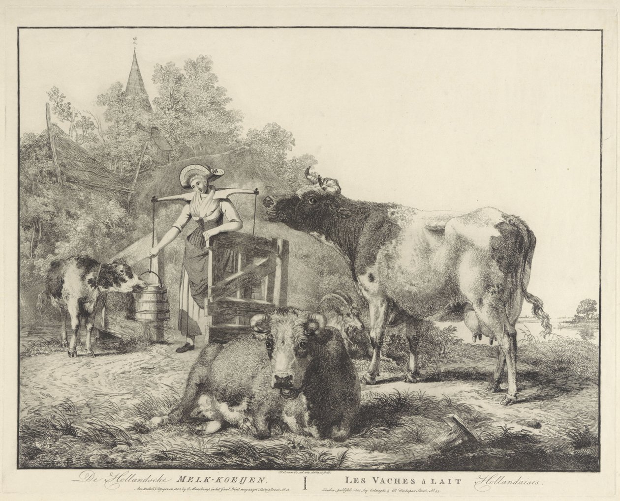 Krowy i dojarka De Hollandsche Melk-koeijen/ Les vaches â lait hollandaises (tytuł na obiekcie) autorstwa Pieter Gerardus van Os