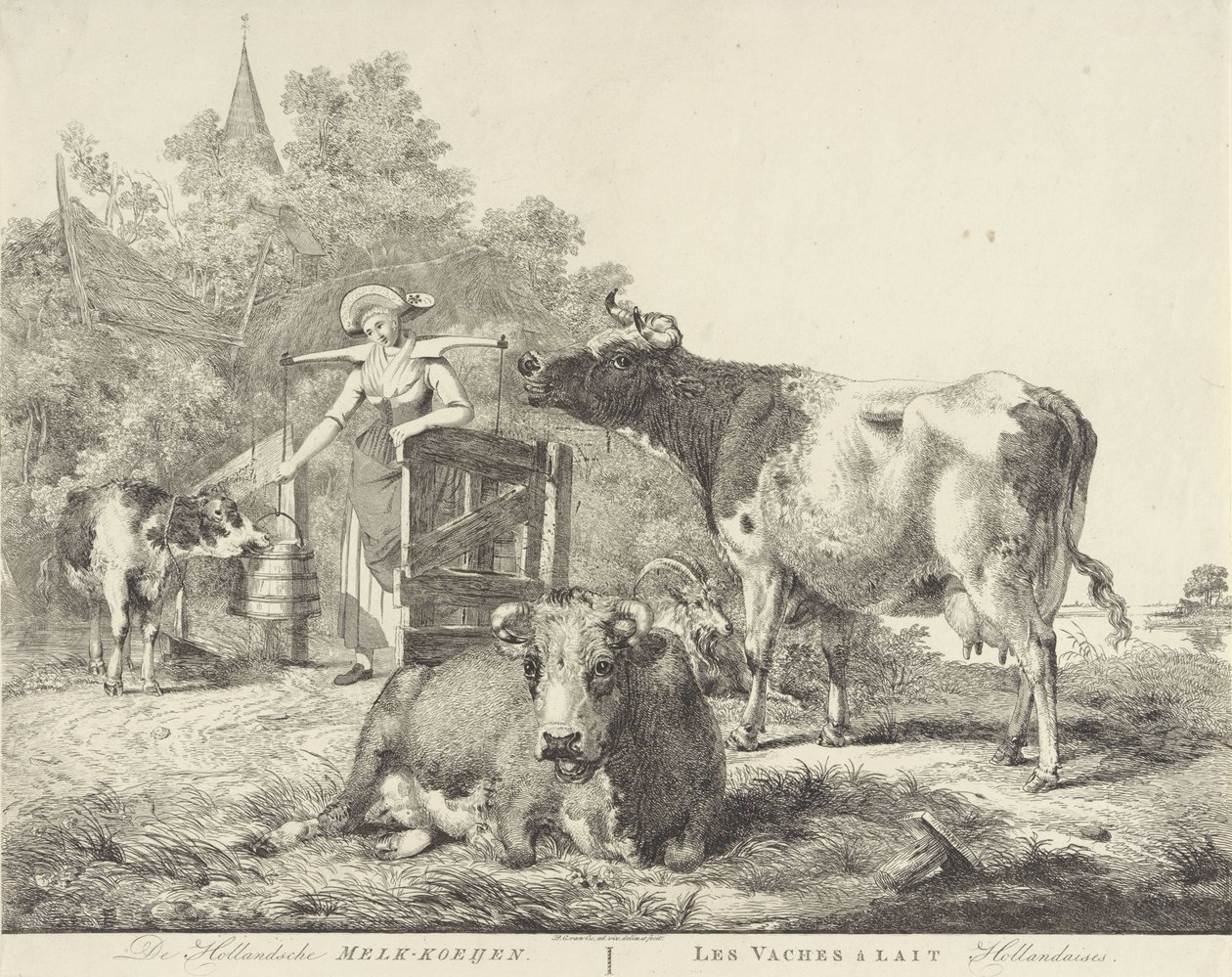 Krowy i dojarka De Hollandsche Melk-koeijen/ Les vaches â lait hollandaises (tytuł na obiekcie) autorstwa Pieter Gerardus van Os