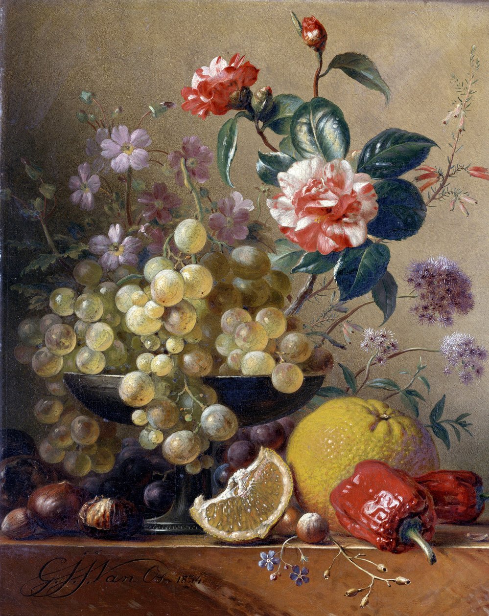 Martwa natura z owoców, warzyw i kwiatów autorstwa Pieter Gerardus van Os