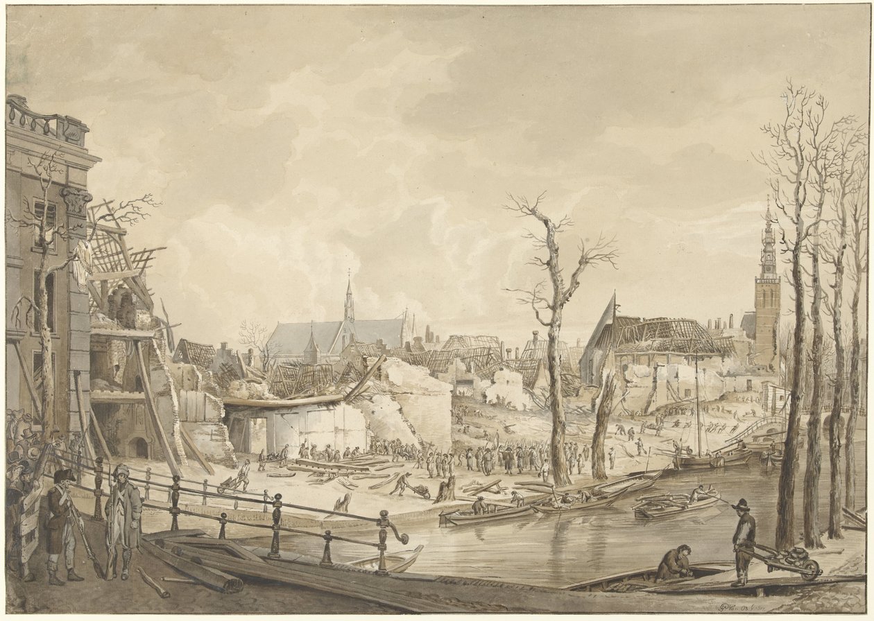 Ruiny po północnej stronie Steenschuur po katastrofie prochu w Leiden, 12 stycznia 1807 autorstwa Pieter Gerardus van Os