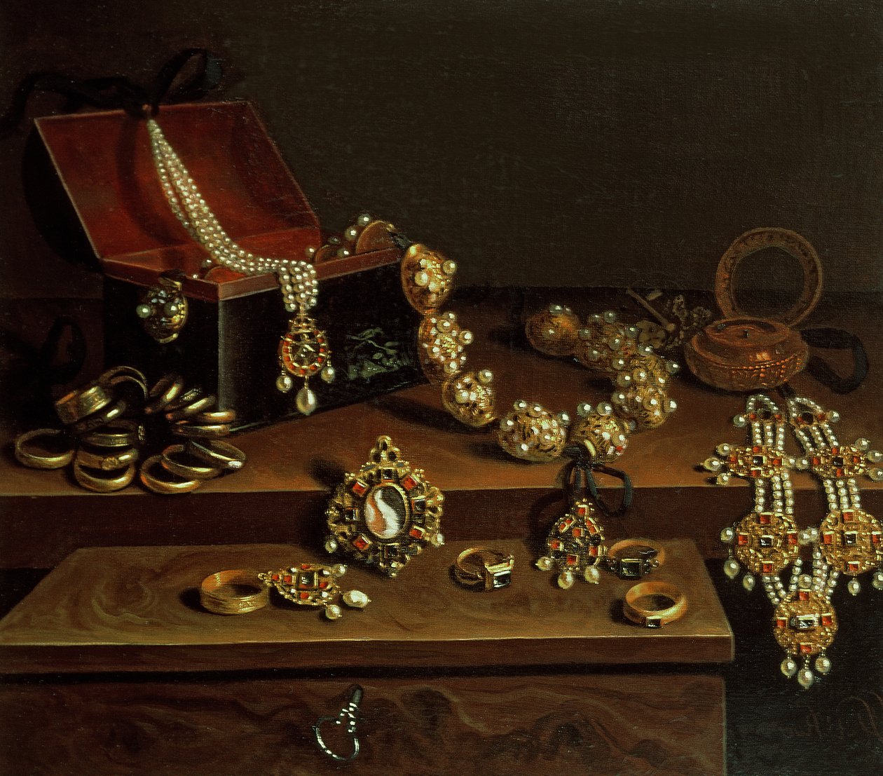 Szkatułka z klejnotami na stole, głównie pochodzenia niemieckiego (1600-50) autorstwa Pieter Gerritsz. van Roestraten