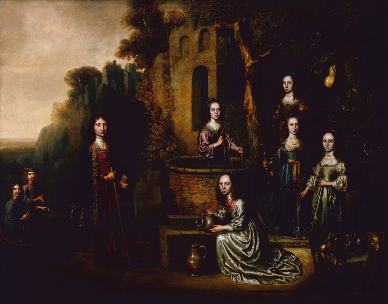 Portret grupowy dżentelmena i damy z czterema paniami w obecności autorstwa Pieter Harmansz Verelst