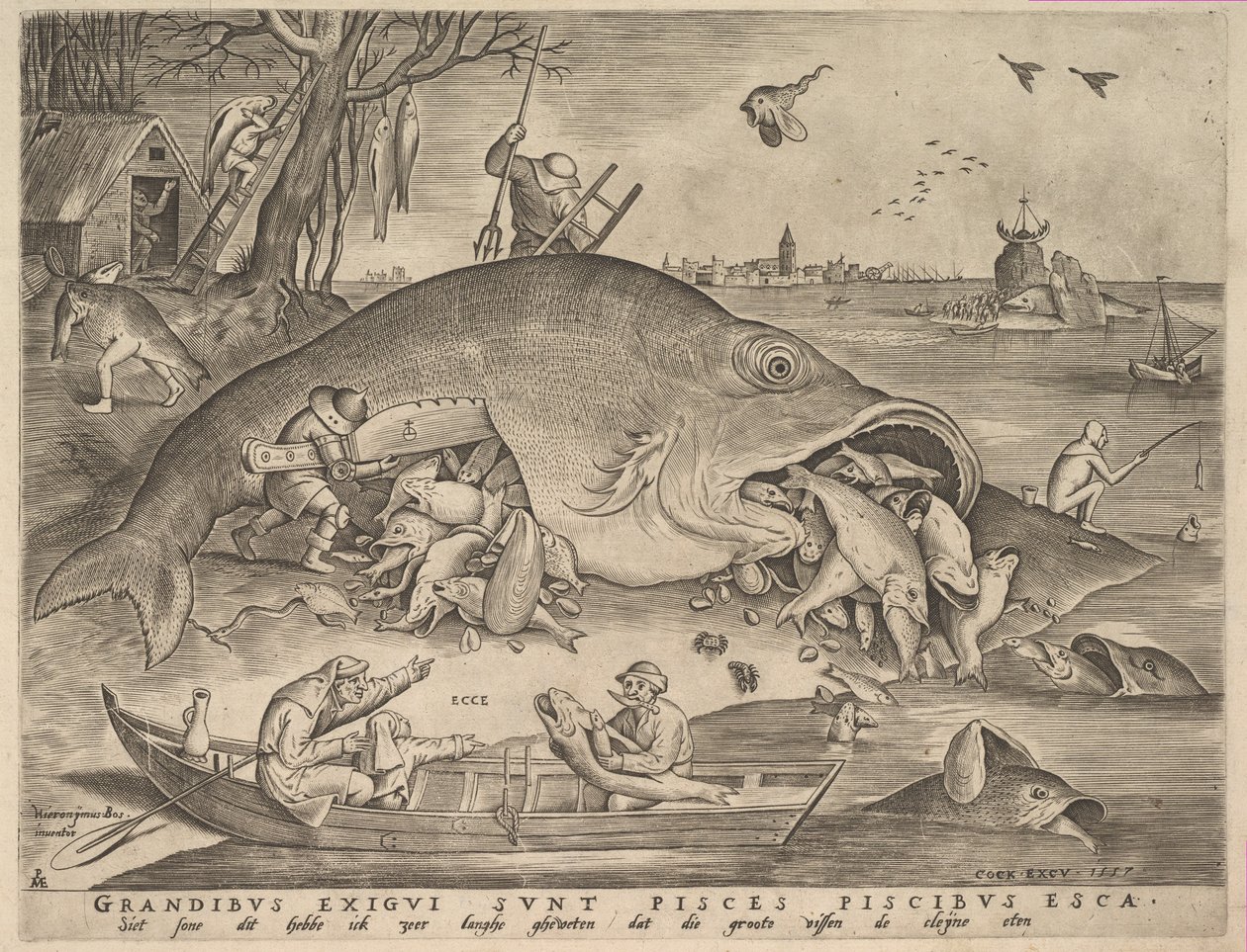 Duża ryba zjada małą rybę, 1557 autorstwa Pieter Heyden van der