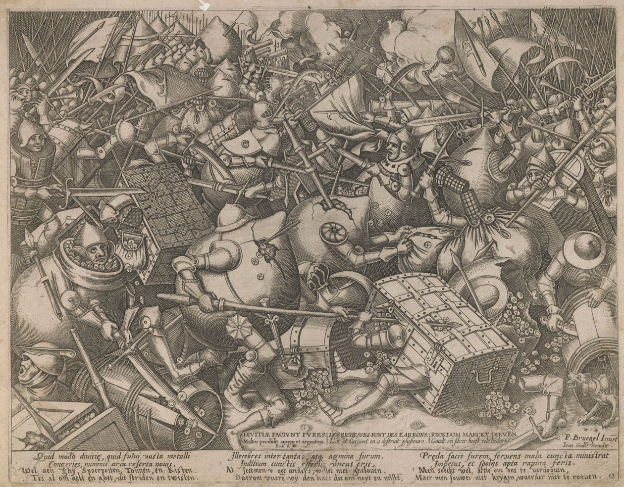 Walka worków z pieniędzmi i skarbonami, c. 1560 autorstwa Pieter Heyden van der