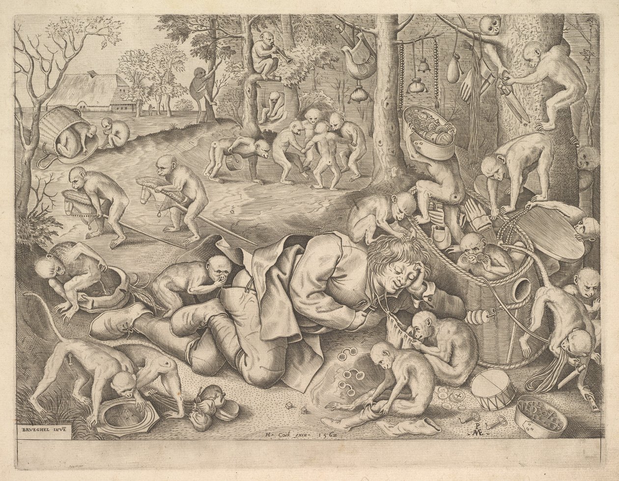 Kupiec okradziony przez małpy, 1562 autorstwa Pieter Heyden van der