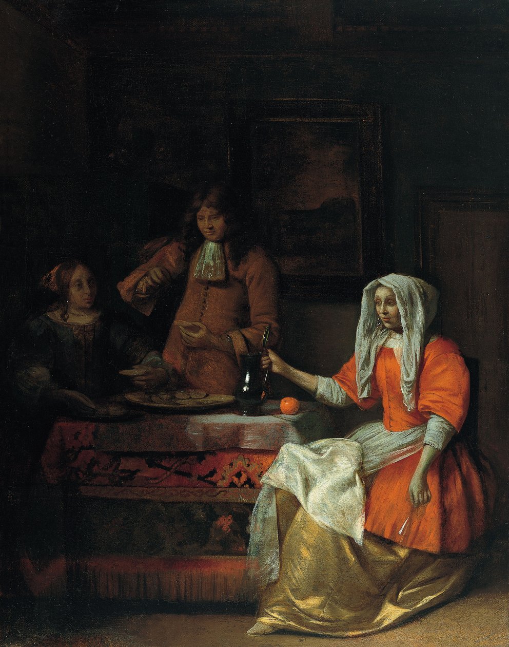 Wnętrze z dwiema kobietami i mężczyzną pijącym i jedzącym ostrygi autorstwa Pieter Hooch de