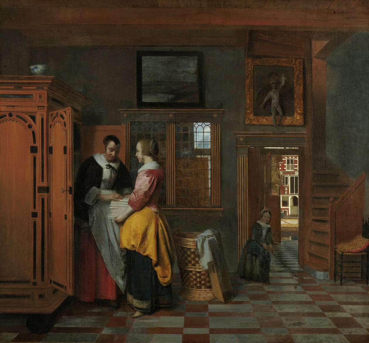 Wnętrze z kobietami obok lnianej skrzyni, 1663 autorstwa Pieter Hooch de