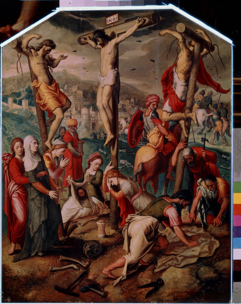 Kalwaria (Kalwaria). Na Golgocie Jezus Chrystus zostaje ukrzyżowany wraz z dwoma pozostałymi skazanymi na śmierć. Na krzyżu nosi znak INRI (INRI). U podnóża św. Maria Magdalena opłakuje śmierć Jezusa, jej butelka jest przewrócona na ziemię. Święta Weronika autorstwa Pieter I Pietersz