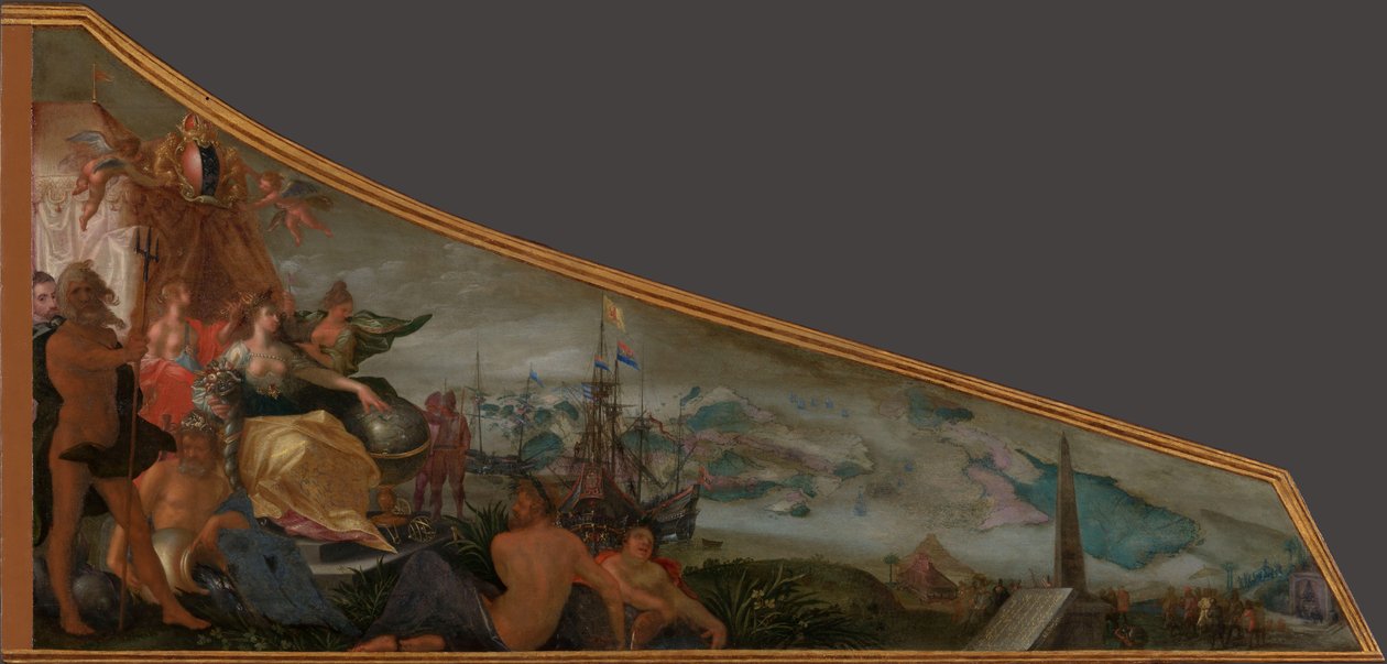 Amsterdam jako centrum handlu światowego Malowanie na pokrywie klawesynu z alegorią Amsterdamu jako centrum światowego handlu autorstwa Pieter Isaacsz.