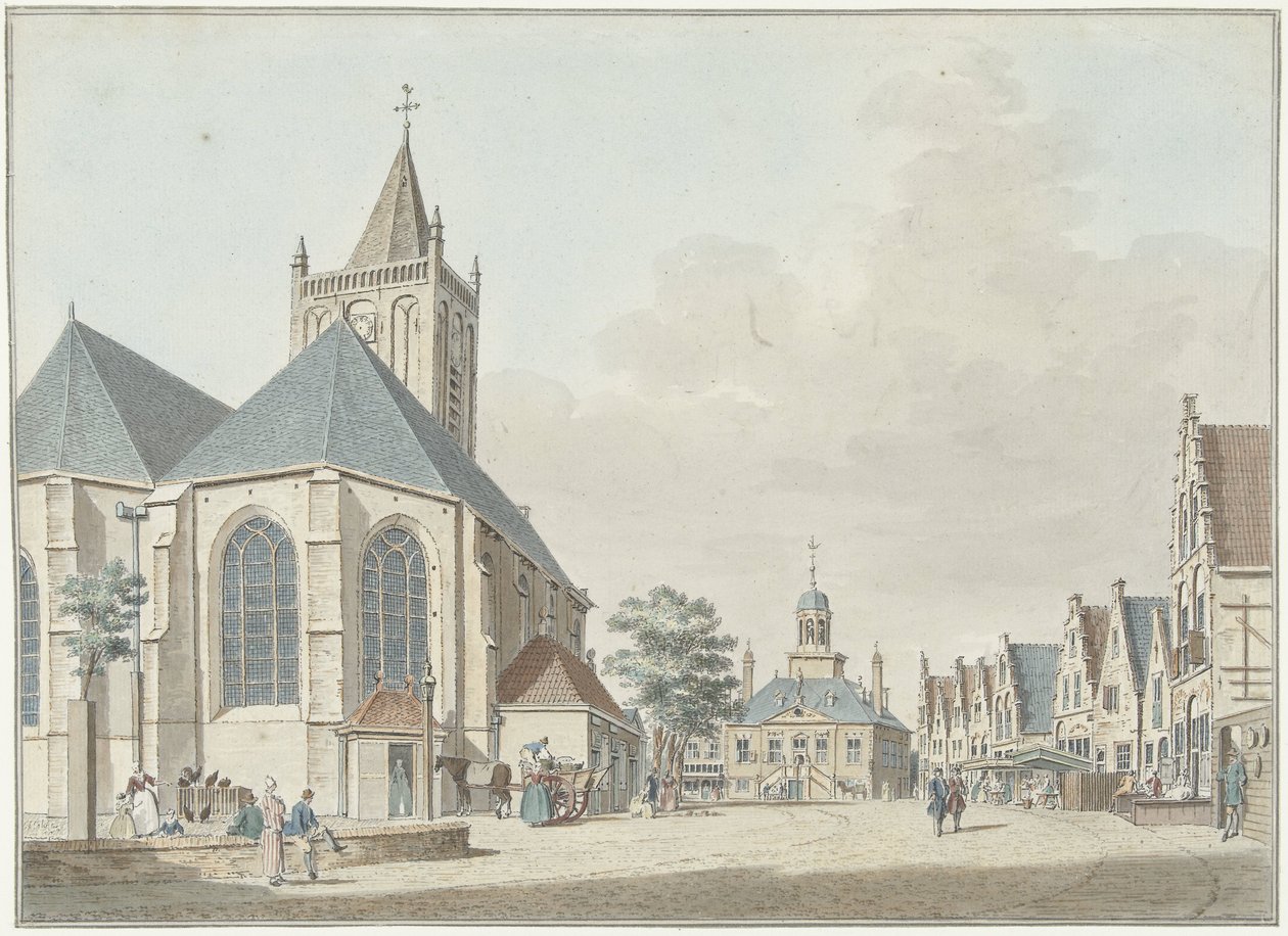 Rynek we Vlaardingen z kościołem i ratuszem autorstwa Pieter Jan van Liender