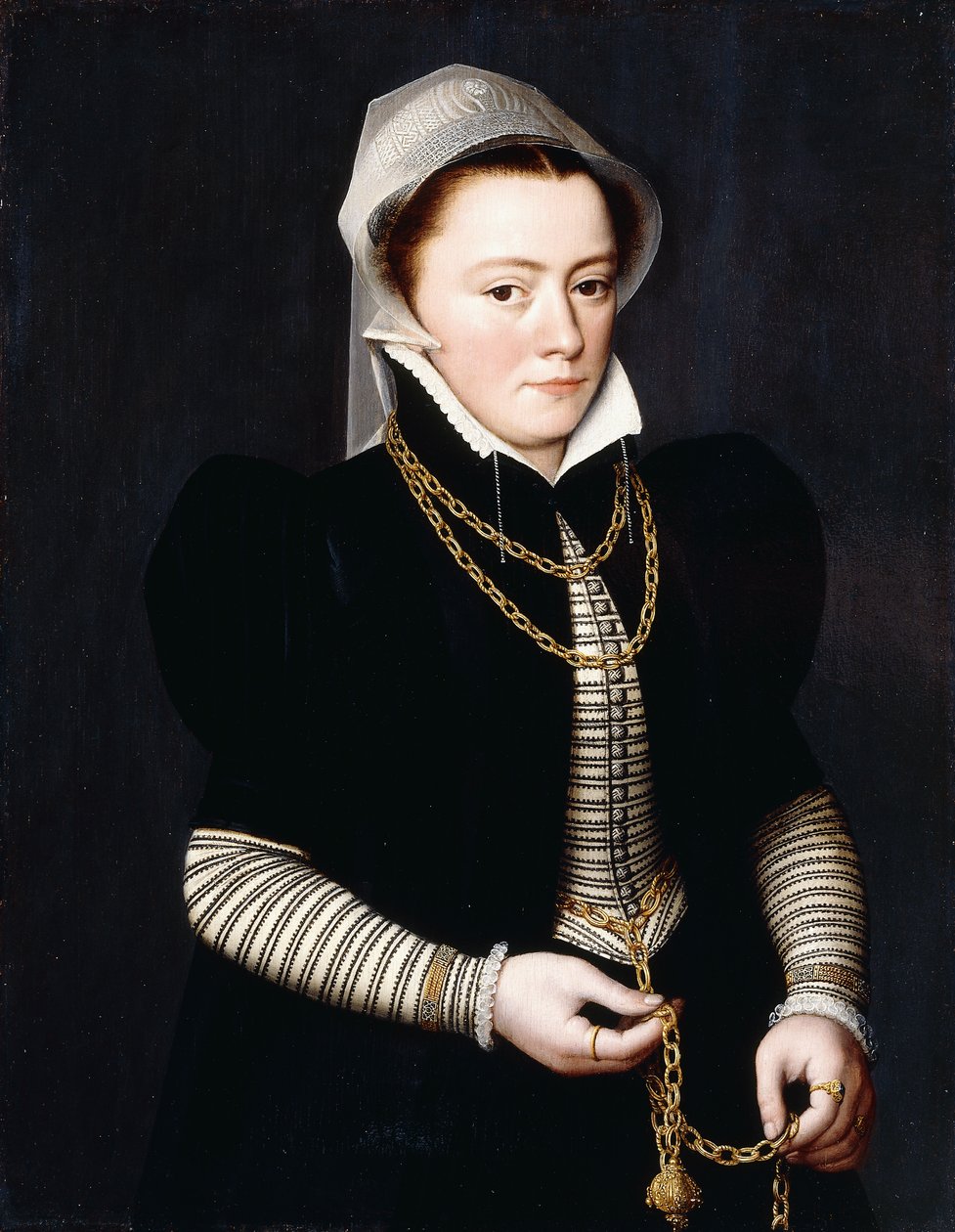 Portret damy, stojącej, małej długości 3/4, ubranej w gorset w paski i czarny płaszcz, trzymającej pumander na złotym łańcuszku, autorstwa Pieter Jansz. Pourbus