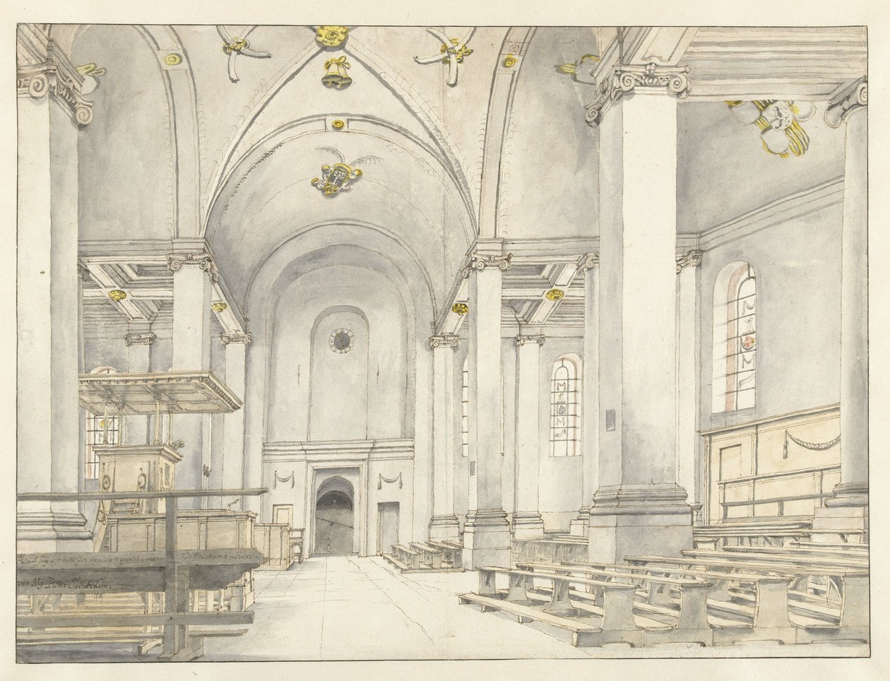 Widok na nawę Nieuwe Kerk, Haarlem, Patrząc na Zachód autorstwa Pieter Jansz Saenredam