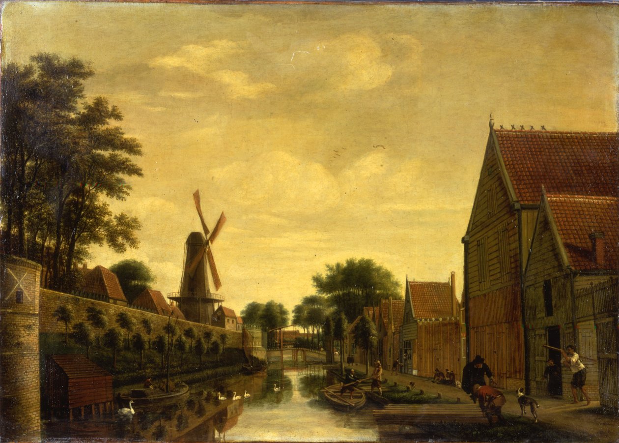Kanał przy murze miejskim z robotnikami rozładującymi drewno, ok. 1650 autorstwa Pieter Jansz. van Asch