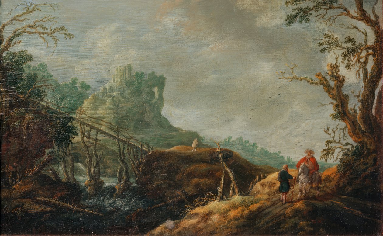 Krajobraz rzeki z drewnianym mostem i ruiną autorstwa Pieter Jansz van Asch