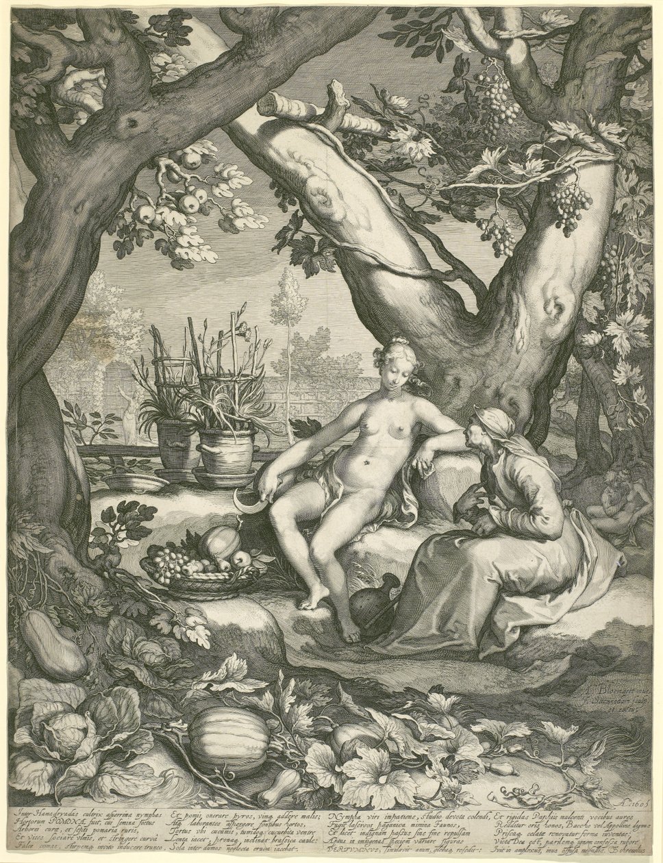 Vertumnus pożyczający postać starej kobiety, by zdobyć miłość Pomonas, 1605 (rycina na papierze) autorstwa Pieter Janszoon Saenredam