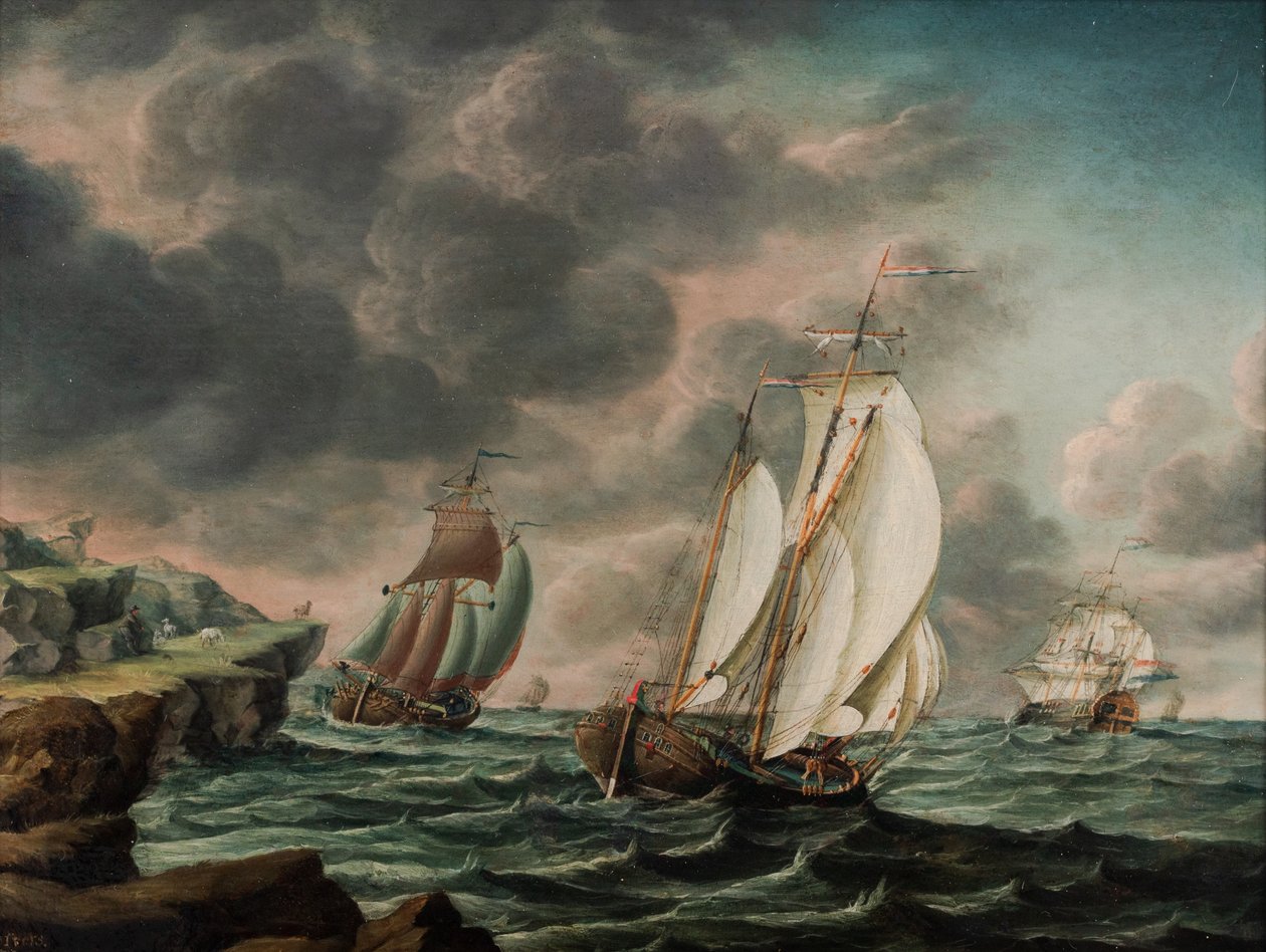 Holenderskie flety kupieckie przybrzeżne na skalistym wybrzeżu autorstwa Pieter Jochums Lofvers