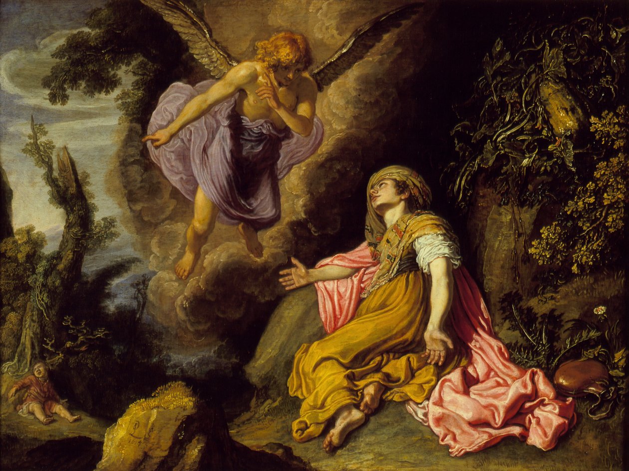 Hagar i anioł, 1614 (olej na drewnie) autorstwa Pieter Lastman
