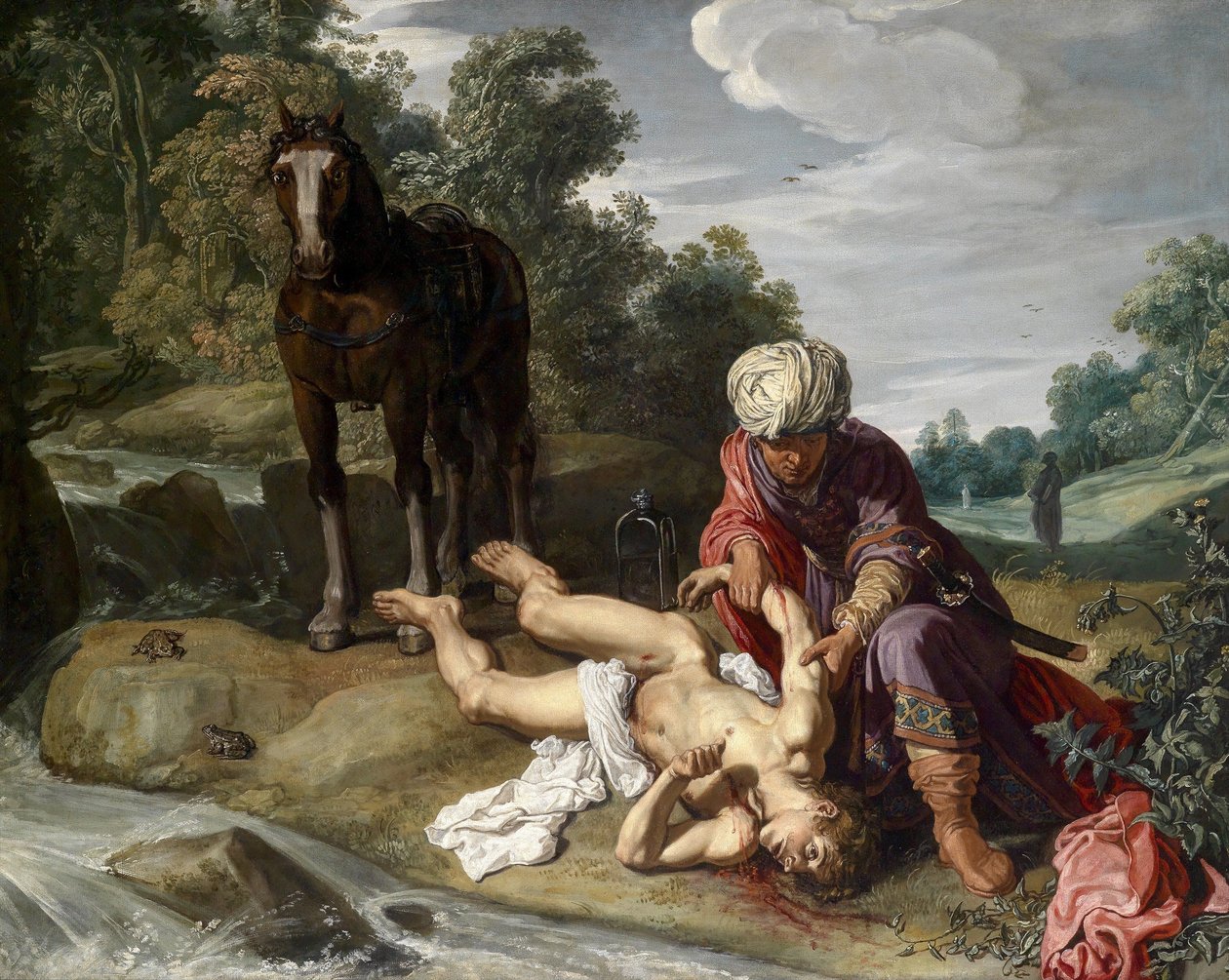 Dobry Samarytanin opatrujący rany podróżnego (Łk 10:25-37) autorstwa Pieter Lastman