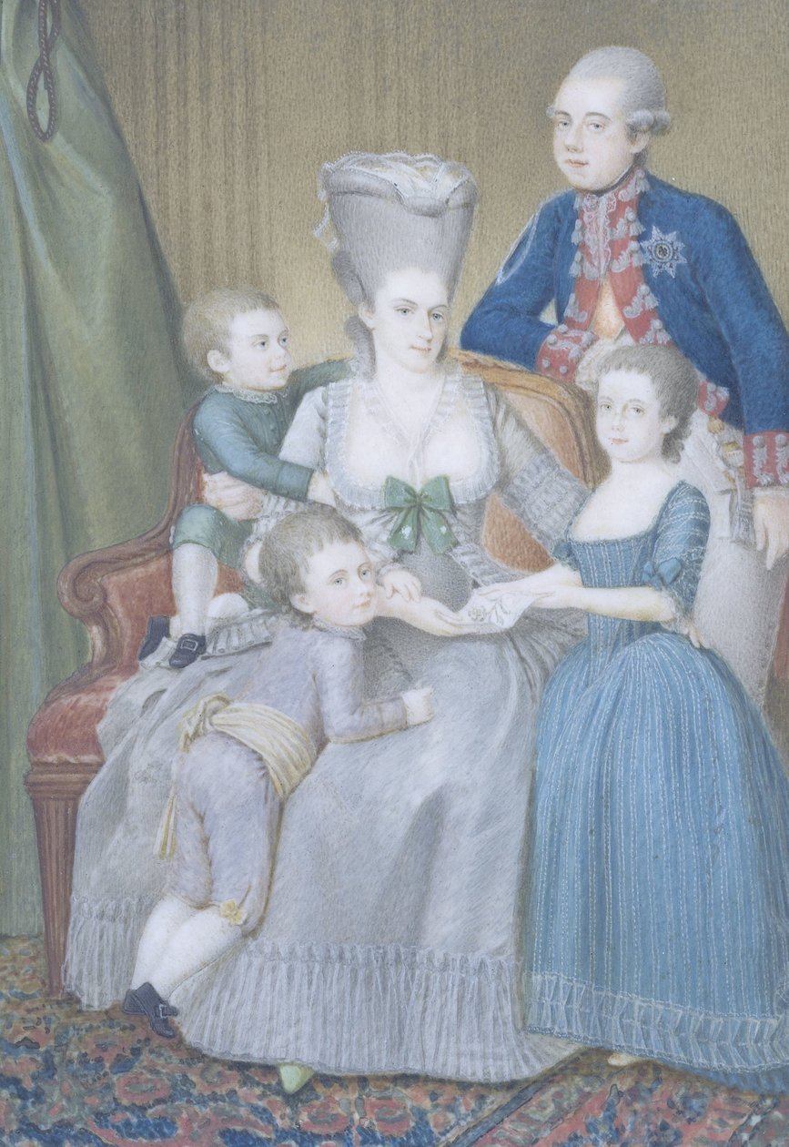 Willem V (1748-1806), książę Orange-Nassau, z żoną Frederiką Sophią Wilhelmina z Prus i ich dziećmi Frederica Louisa Wilhelmina, Willem Frederik i Willem George Frederik autorstwa Pieter Lesage