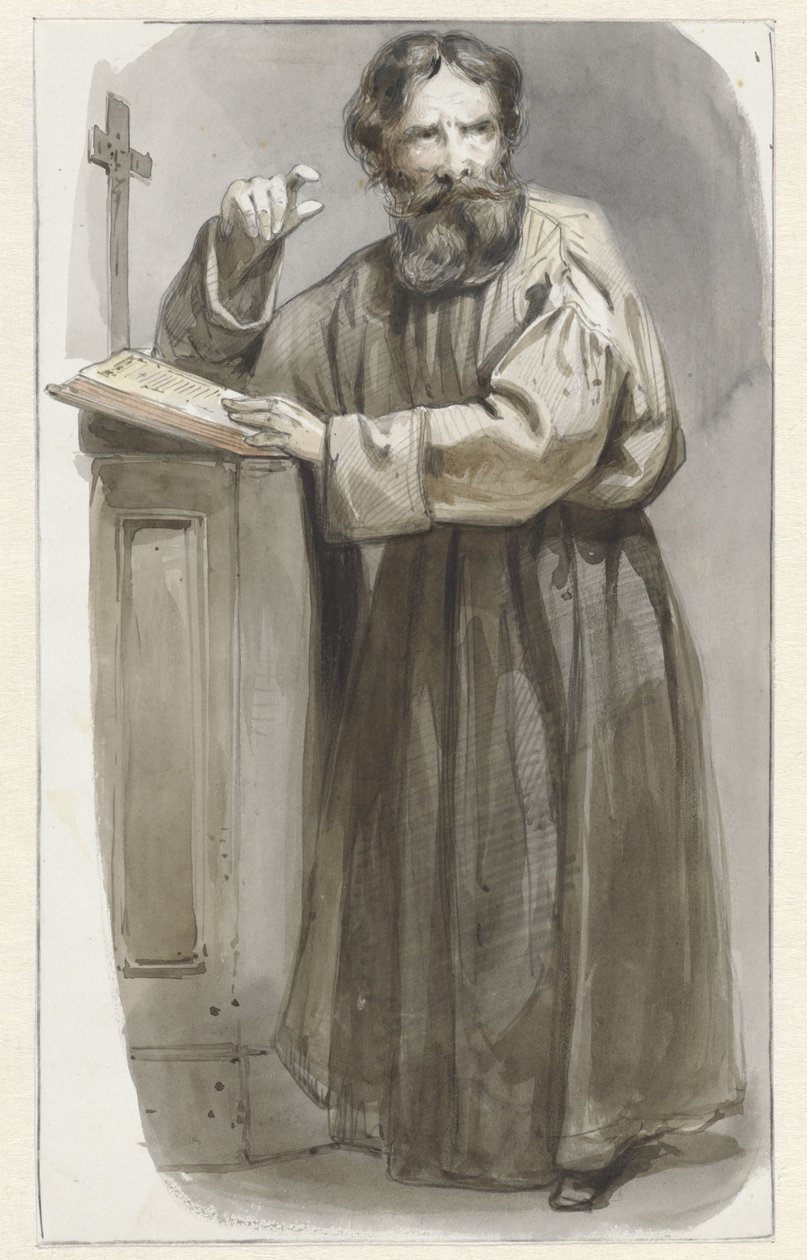 Kapłan stojący przy mównicy z krucyfiksem i Biblią autorstwa Pieter Marinus van de Laar (attributed to)