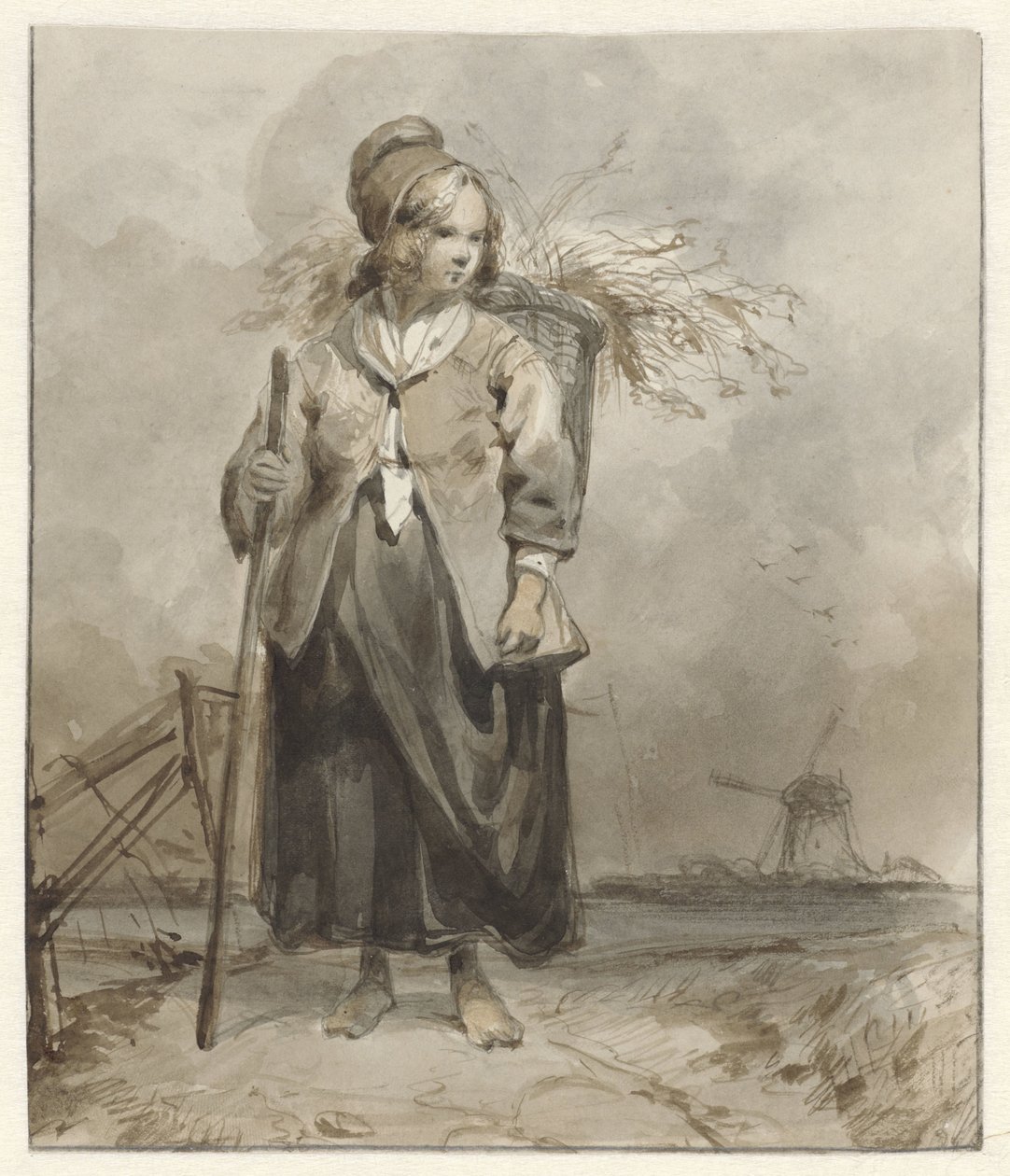 Stojąca kobieta z kijem i koszem na plecach autorstwa Pieter Marinus van de Laar (attributed to)