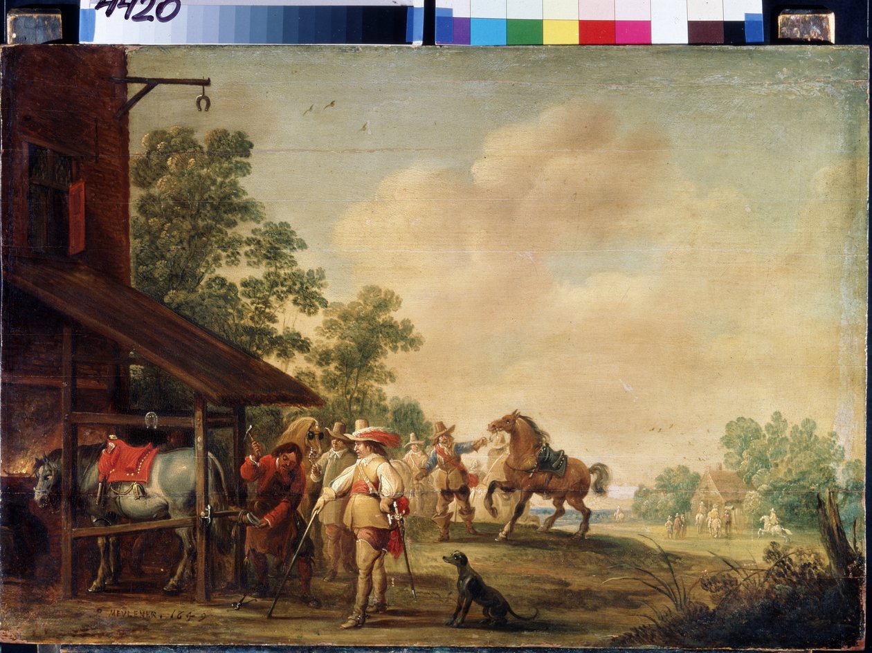 Kuźnia (Kuźnia). Kowal (kowal) zakładający podkowę. Obraz Pietera Meulenaera (Peter lub Pierre autorstwa Pieter Meulener