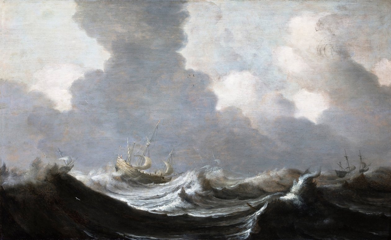 Cztery statki płynące przed wichurą, 1630 autorstwa Pieter Mulier the Elder