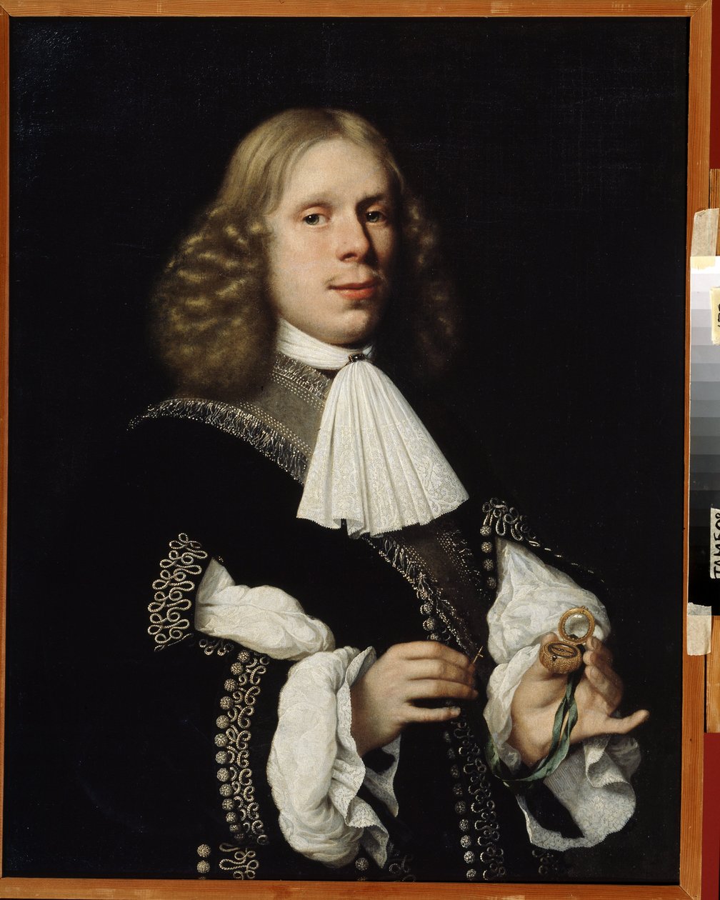 Portret burmistrza Haarlemu. (Portret burmistrza Haarlemu). Mężczyzna trzyma w dłoni mały kompas. Obraz Pietera Nasona (1612-1688) autorstwa Pieter Nason
