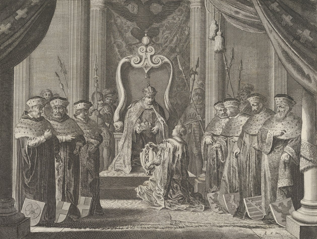 Tablica 8: Cesarz Maksymilian II nadający koronę herbowi Amsterdamu, z Cas..., 1638. autorstwa Pieter Nolpe