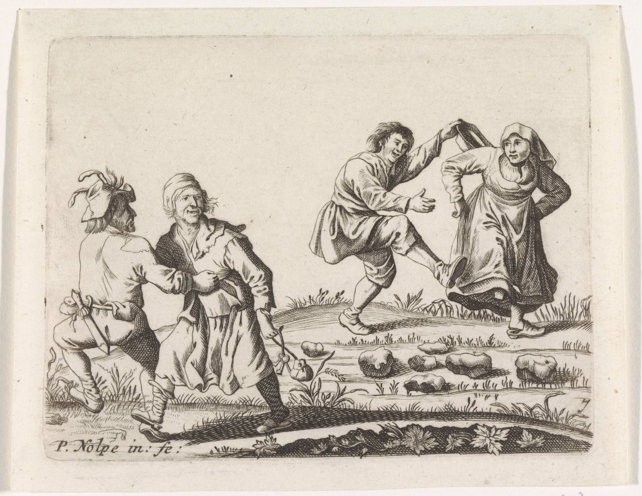 Dwie tańczące pary chłopskie autorstwa Pieter Nolpe