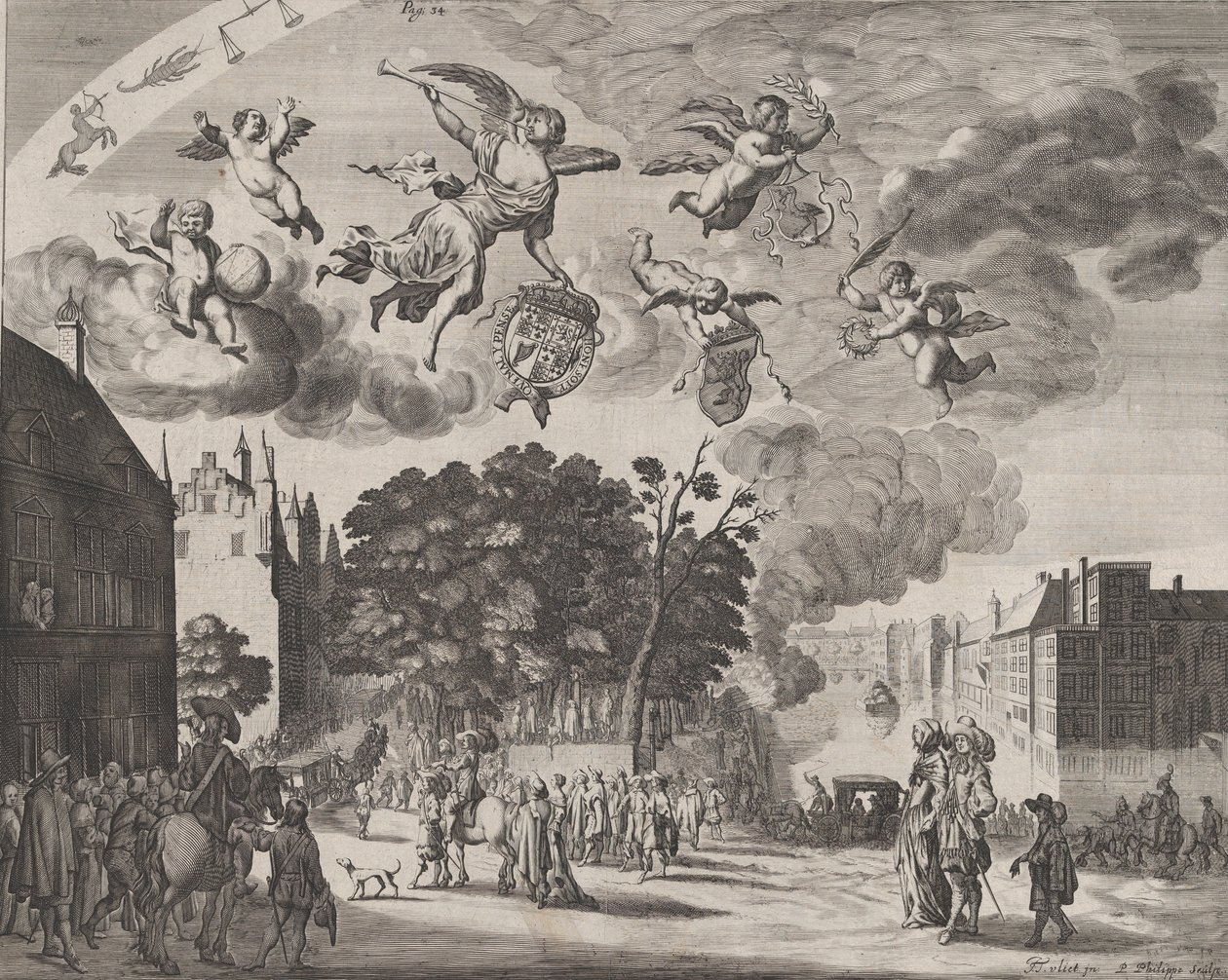 Karol II wjeżdżający do Hagi karetą z Mauritshuis po prawej stronie, z „Verha..., 1660. autorstwa Pieter Philippe