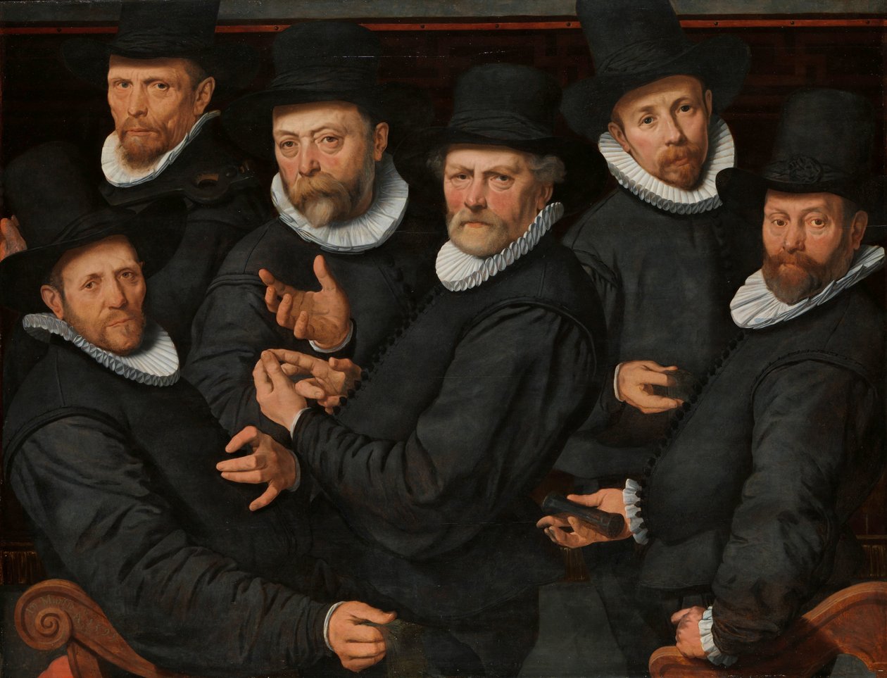 Sześciu Strażników Gildii Sukienników Sześciu właścicieli ziemskich Lakens, Amsterdam, 1599 autorstwa Pieter Pietersz. (I)