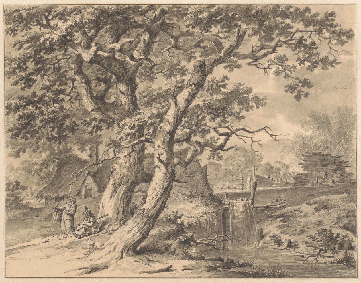 Krajobraz z wodospadem pod dwoma dużymi drzewami autorstwa Pieter Pietersz. Barbiers