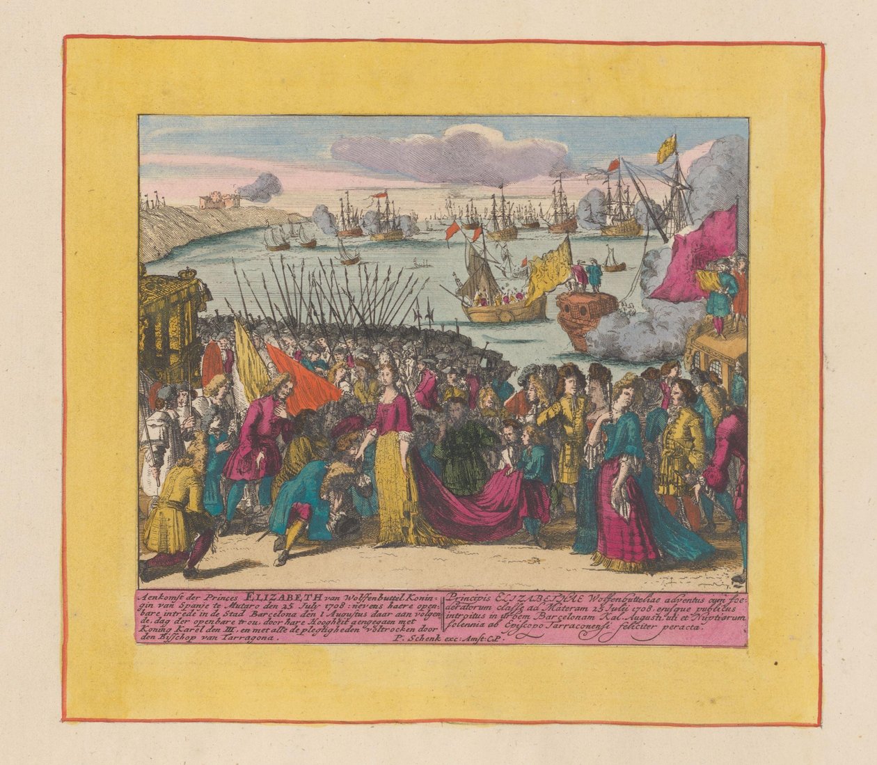 Przybycie księżniczki Elisabeth Christine z Wolfenbüttel w Mutaro, 1708 Przybycie księżniczki Elżbiety Wolfenbuttel królowej Hiszpanii (...) (tytuł na obiekcie) Teatr wojny, początek króla Karola II. Dopóki król Karel de I autorstwa Pieter Schenk (I)