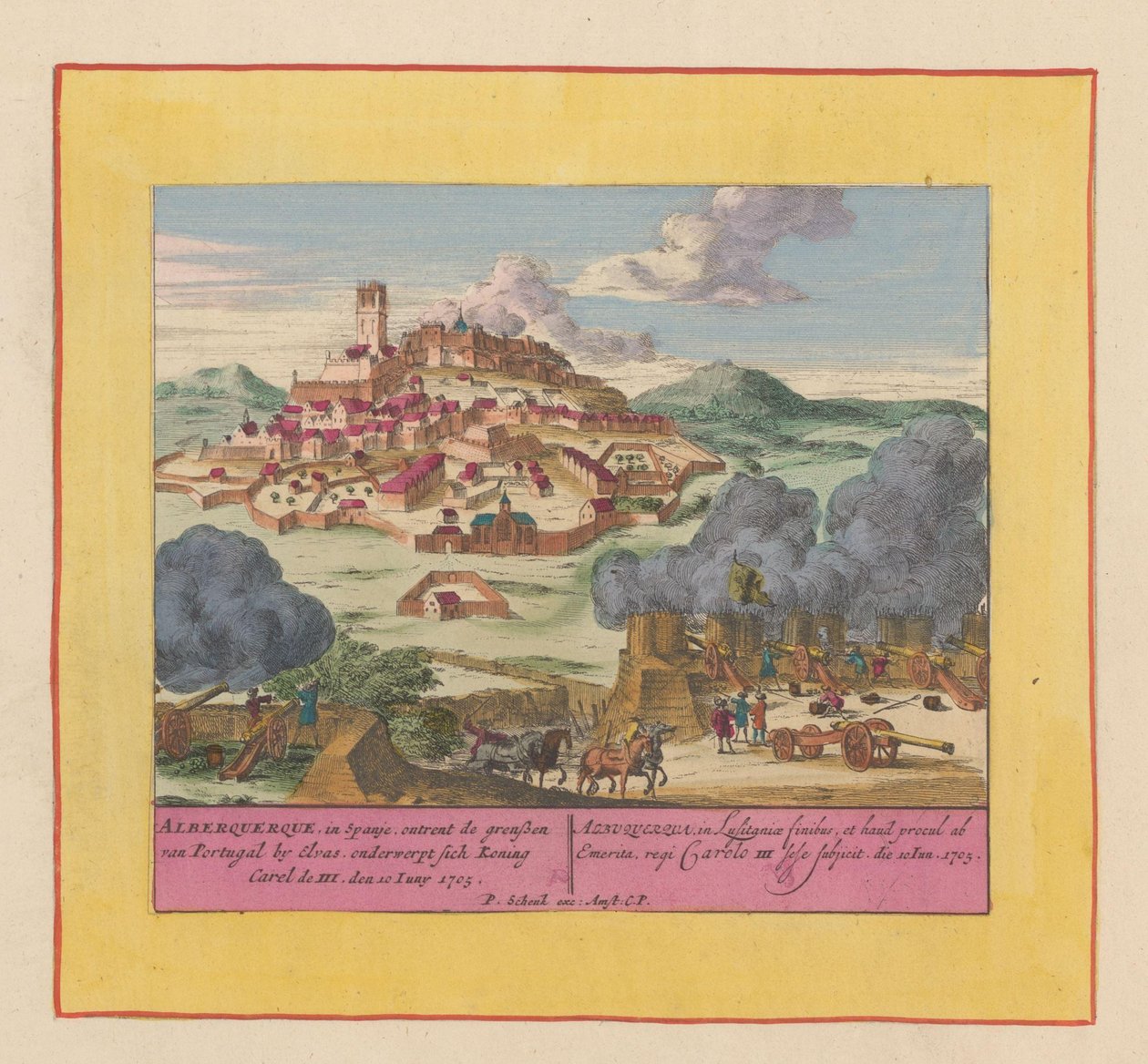 Oblężenie Albuquerque, 1705 Alberquerque, w Hiszpanii, na granicy Portugalii w Elvas, poddaje się królowi Carelowi III, 10 czerwca 1705 (tytuł na obiekcie) Teatr wojny, początek króla Karola II. Do zobaczenia w King Kar autorstwa Pieter Schenk (I)