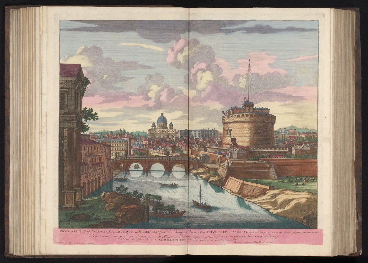 Engelenburcht, Sint-Pietersbasiliek en de rivier de Tiber Most Eliusza (chochlik Hadriana) i Zamek św. Michała (...) (tytuł na obiekcie) autorstwa Pieter Schenk (I)