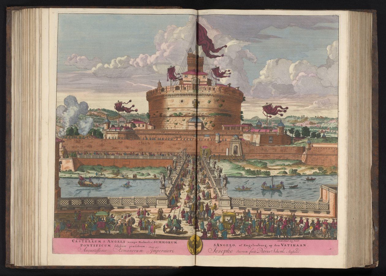 Engelenburcht aan de rivier de Tiber te Rome Zamek św. Anieli (czyli Michała) najwyższego (...) (tytuł na obiekcie) autorstwa Pieter Schenk (I)