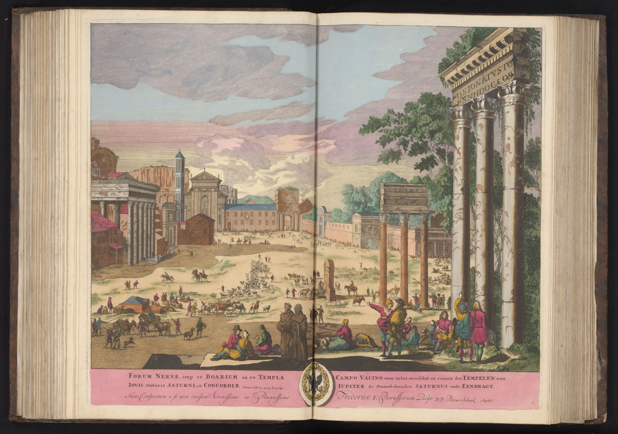 Forum Romanum w Rzymie Forum Nerva, imp i Boarium w nim Świątynia Jowisza Stator Saturn i Concord (...) (tytuł na obiekcie) autorstwa Pieter Schenk (I)