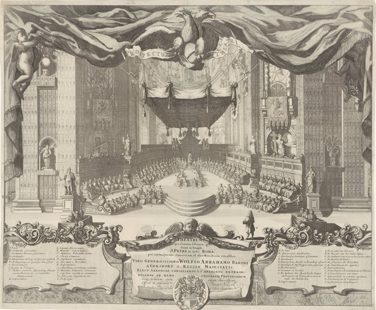 Gezicht in de Sint-Pietersbasiliek Teatr przedstawiający zbrodnie, które mają miejsce w świątyni św. Piotra w Rzymie (tytuł na obiekcie) autorstwa Pieter Schenk (I)