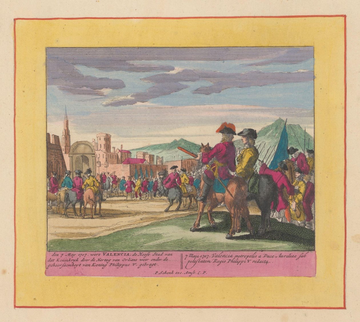 Zdobycie Walencji, 1707 Teatr wojny, początek króla Karola II. Aż do króla Karola III. Istniejące w IX. Historyczne postacie na liściu słonia, takie jak bitwy, oblężenia na wodzie i w Lande, z głównymi fortyfikacjami autorstwa Pieter Schenk (I)