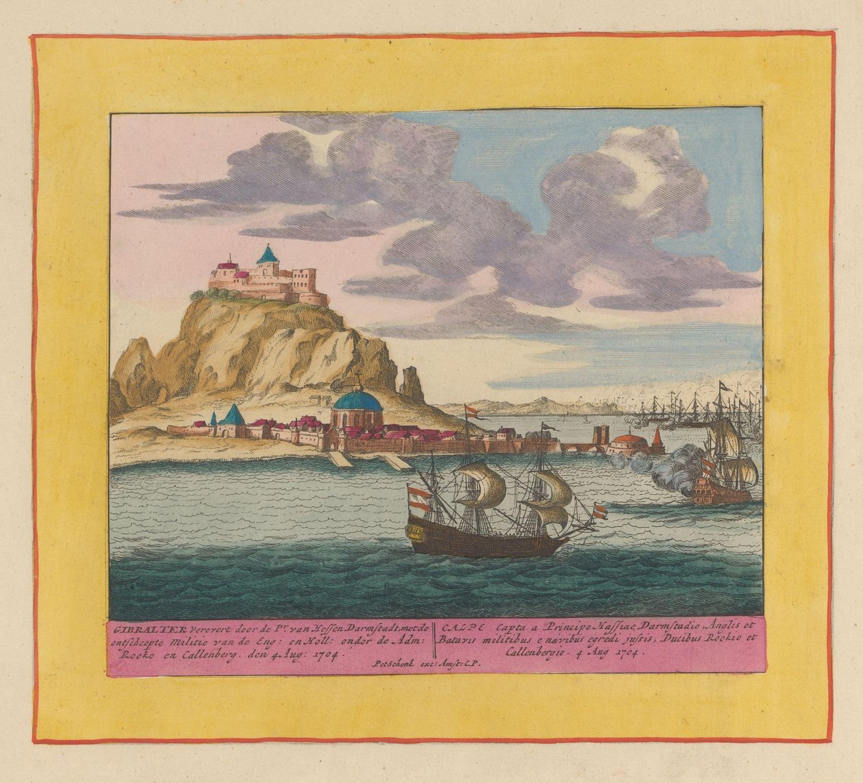 Podbój Gibraltaru przez flotę angielsko-holenderską, 1704 Gibraltar podbity przez ks. van Hessen Darmstadt, z wyładowaną milicją Eng : en Holl : pod Adm : Rooke i Callenberg den 4 sierpnia : 1704 (...) (tytuł na obiekcie) Teatr autorstwa Pieter Schenk (I)