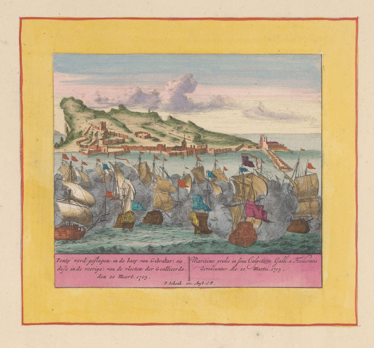 Bitwa morska o Gibraltar, 1705 Ponty zostaje pobity, na bagnach Gibraltaru (sie dese z przodu) flot alianckich, den 20 Meert, 1705 (tytuł na obiekcie) Teatr wojny, początek króla Karola II. Do zobaczenia na King Karel den autorstwa Pieter Schenk (I)