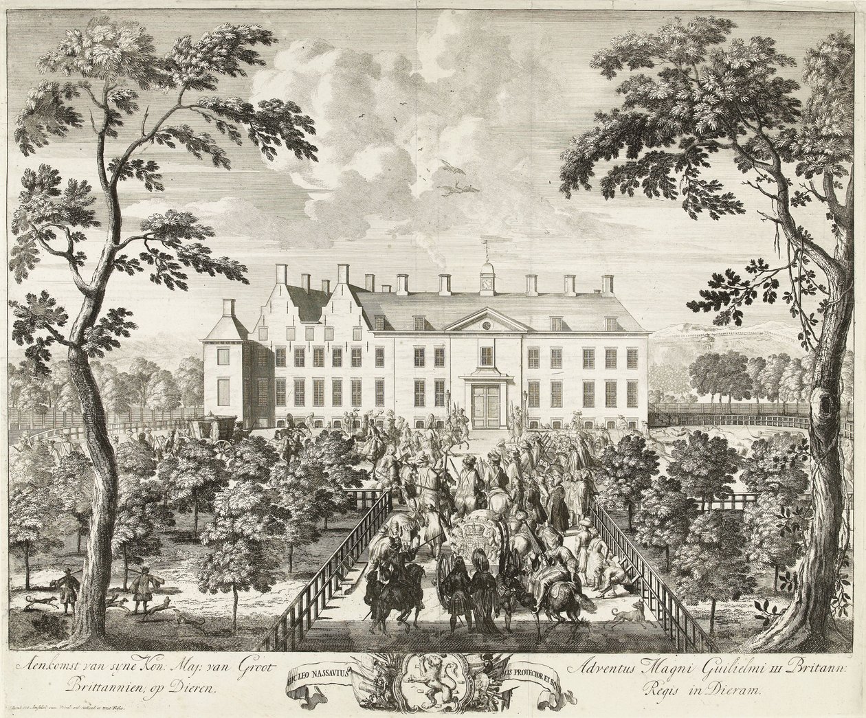 Przybycie Wilhelma III do pałacyku myśliwskiego Hof te Dieren, 1691 autorstwa Pieter Schenk