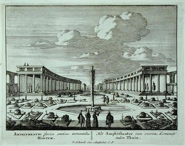 Klasyczny amfiteatr w ogrodzie, z „Admirandorum Quadruplex Spectaculum” Jana van Calla (1656-1703), wydanego przed 1715 r. (rycina) autorstwa Pieter Schenk