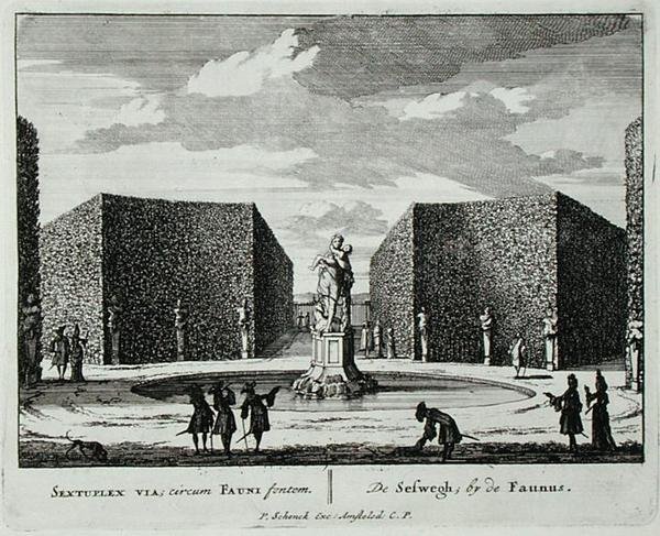 Sześciokątny żywopłot przy fontannie z faunem, z "Admirandorum Quadruplex Spectaculum", autorstwa Jana van Call (1656-1703), wydany przed 1715 r. (rycina) autorstwa Pieter Schenk