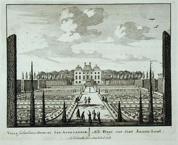 Dom i ogrody w Saint Annen-Land, z „Admirandorum Quadruplex Spectaculum”, Jan van Call (1656-1703), wydane przed 1715 (rycina) autorstwa Pieter Schenk