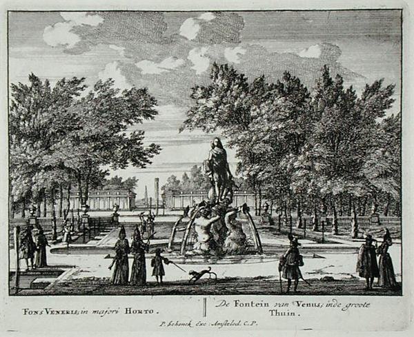 Fontanna Wenus w wielkim ogrodzie, z „Admirandorum Quadruplex Spectaculum” Jana van Calla (1656-1703), wydana przed 1715 r. (rycina) autorstwa Pieter Schenk