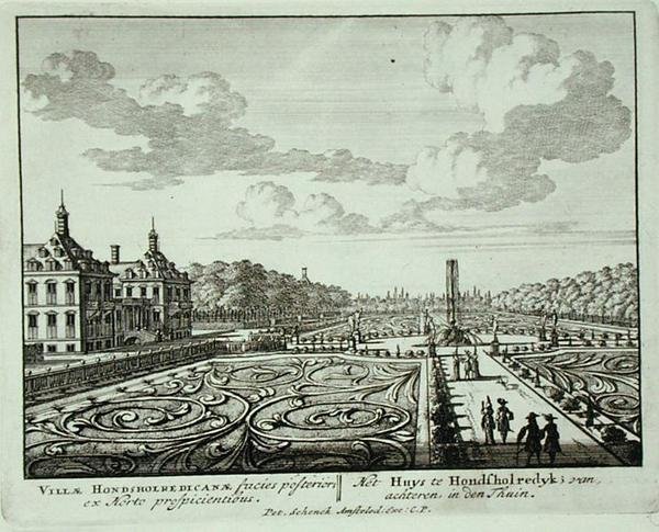 Ogród w Honsholredyk, z „Admirandorum Quadruplex Spectaculum”, Jan van Call (1656-1703), wydana przed 1715 (rycina) autorstwa Pieter Schenk