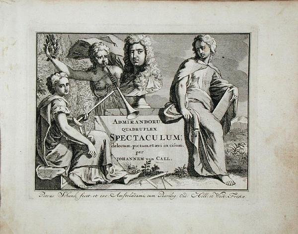 Strona tytułowa z „Admirandorum Quadruplex Spectaculum”, autorstwa Jana van Calla (1656-1703), wydanej przed 1715 r. (rycina) autorstwa Pieter Schenk