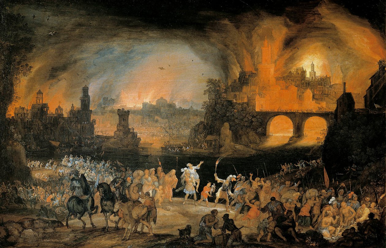 Spalenie miasta Troi. Obraz Pietera Schoubroecka (1570-1607). 1606. Kunsthistorisches Museum Wiedeń Austria autorstwa Pieter Schoubroeck